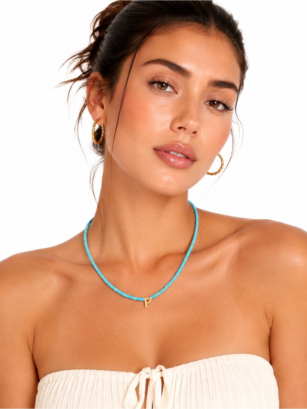 NWT MYAMAR Turquoise Beaded 24K Gold Initial P Necklace